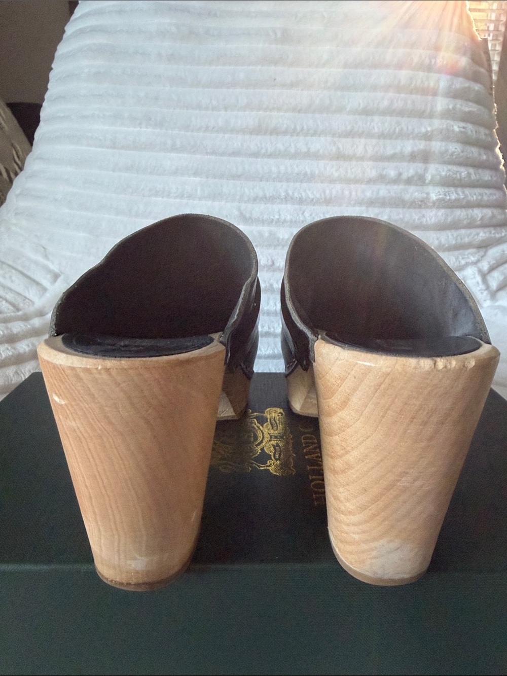 Swedish Hasbeens Black Leather Slide Clogs with Natural Wood Heel - Picture 3 of 4